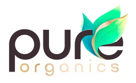 Logo cu textul „pure organics” în litere mici, prezentând două frunze verzi deasupra literei „r”.